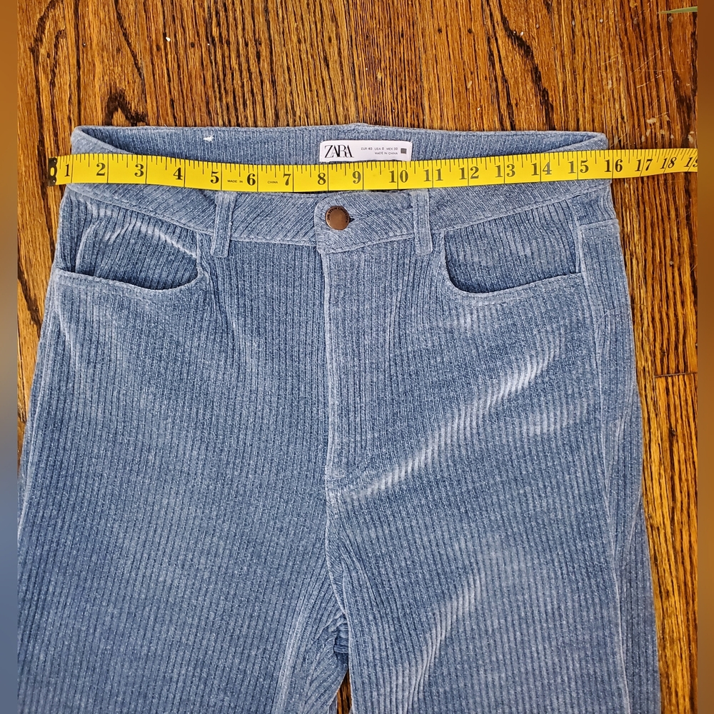 Zara Women's Slim Flare Corduroy Pants Dusty Blue High Rise Classic Preppy Sz 8 - Picture 7 of 10